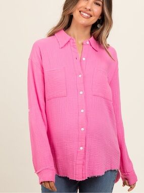 NWT Hem & Thread Hot Pink Crinkle Button-Down Shirt, Size S